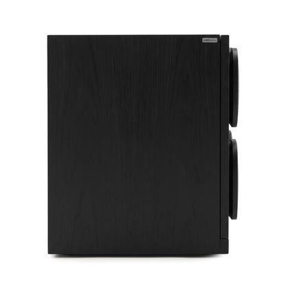 Black sideboard shown from the side on a white background