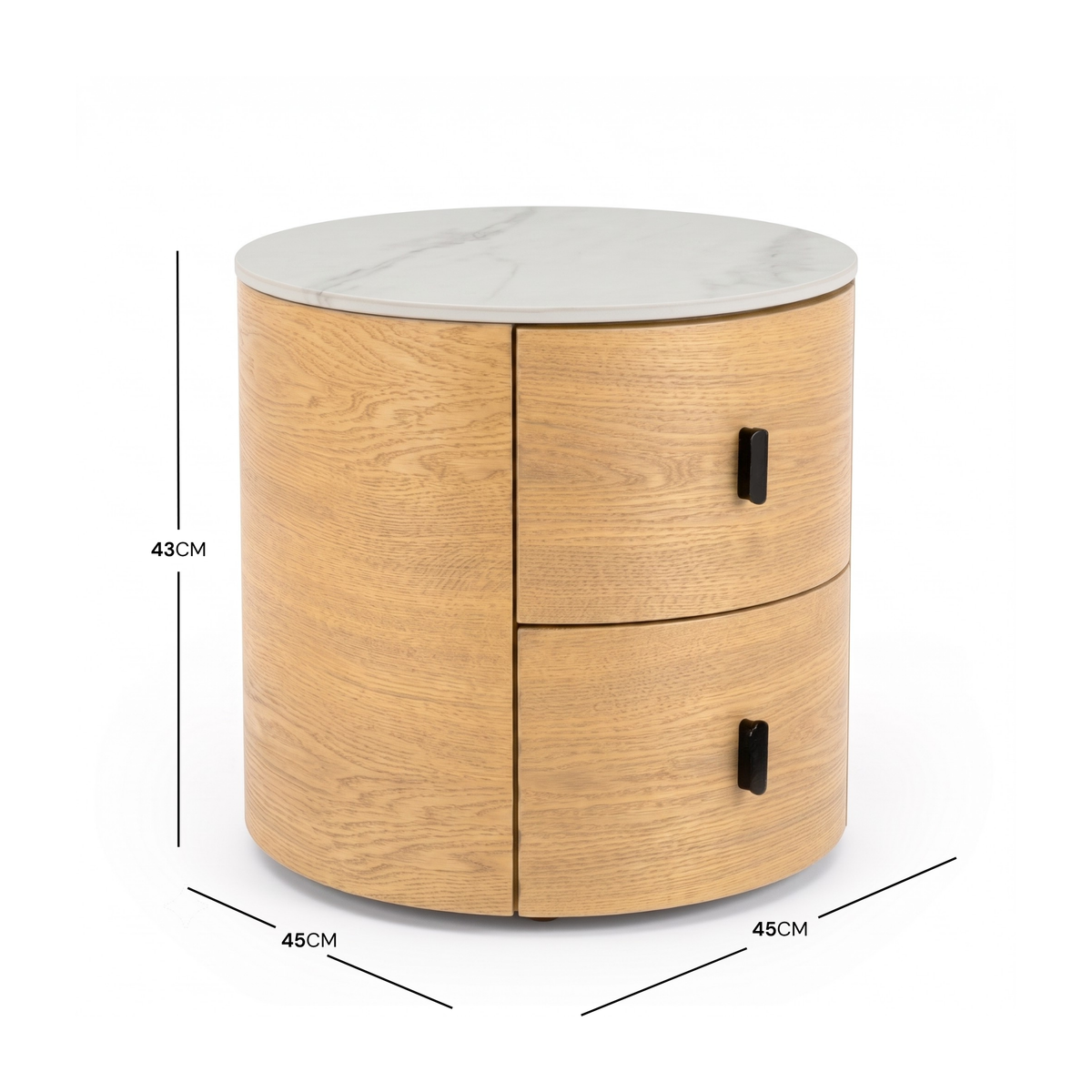 Round wooden side table with dimensions labeled 43 cm high and 45 cm diameter