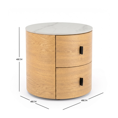 Round wooden side table with dimensions labeled 43 cm high and 45 cm diameter