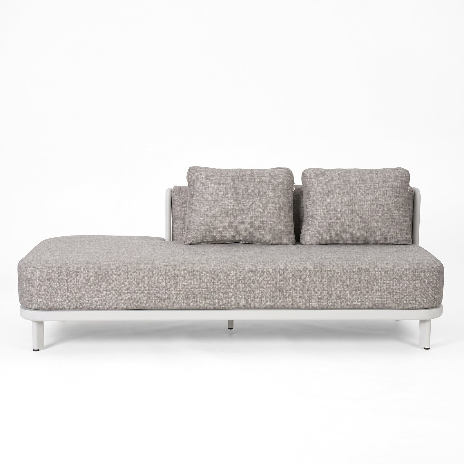 Modern chaise lounge with three square back cushions on a white background.