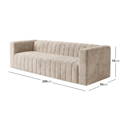 Beige channel-tufted sofa on white background with width, height, and depth measurements