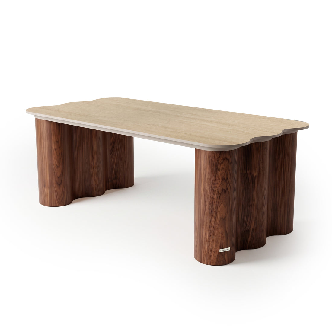 Modern wooden table with rounded edges on white background