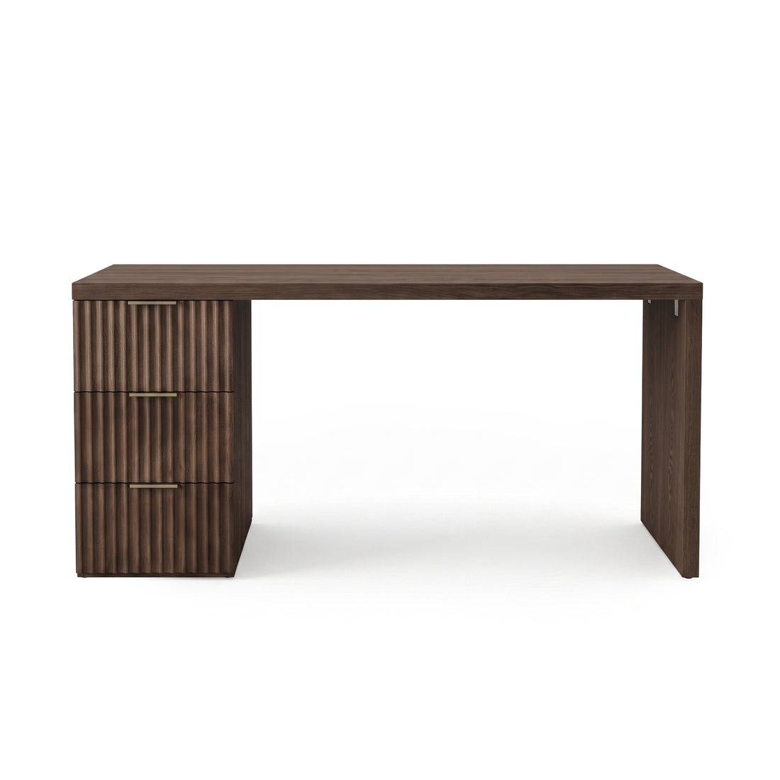 Dark wood modern desk with three drawers on a white background