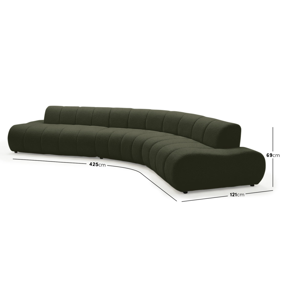 Curved sectional sofa on white background with dimension labels - Dimensions