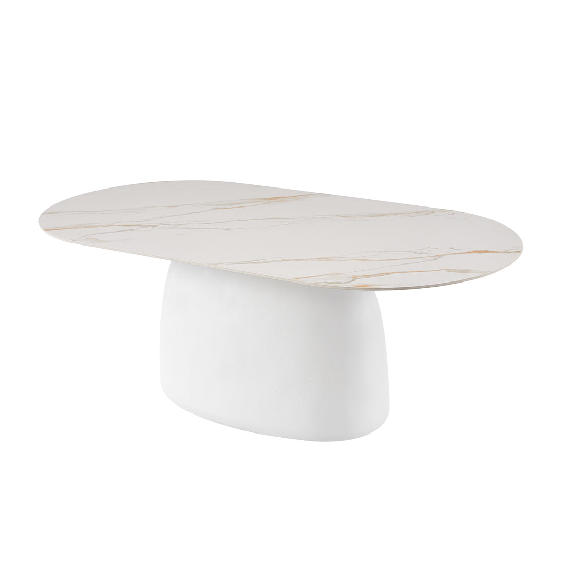Modern oval table with marble-look surface and pedestal base on a white background