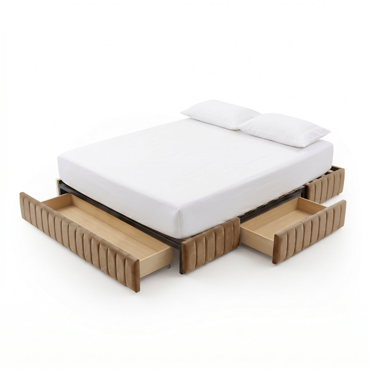 Beige upholstered bed frame with two pull-out drawers and white bedding on white background