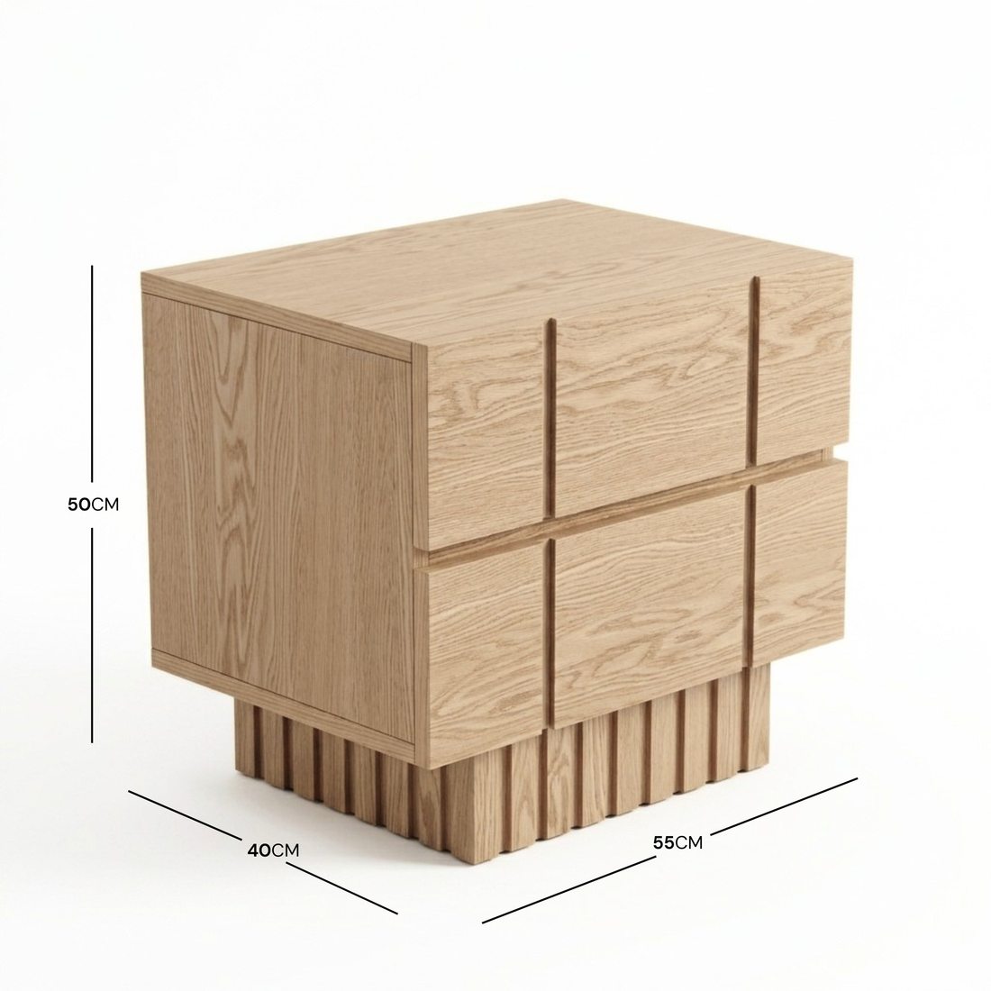 Wooden nightstand on white background with dimensions shown