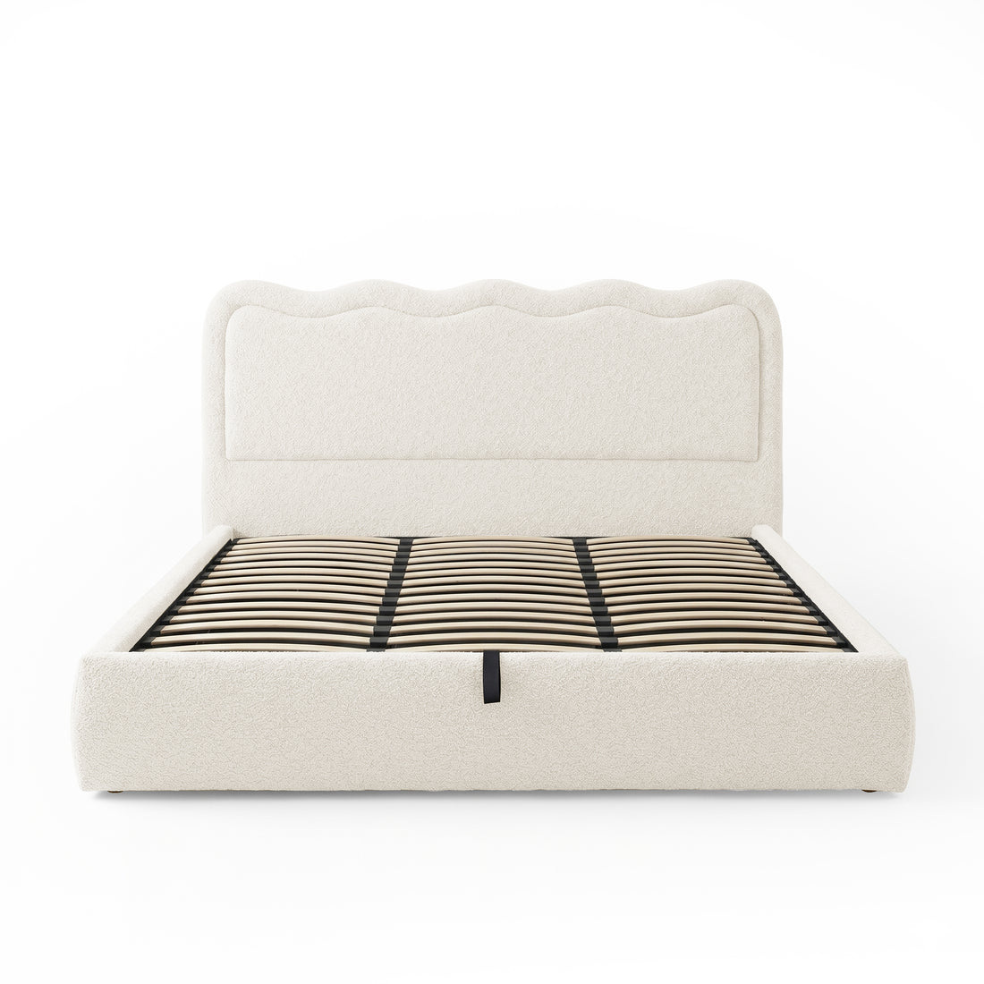 Fabric-upholstered bed frame with wooden slats on white background