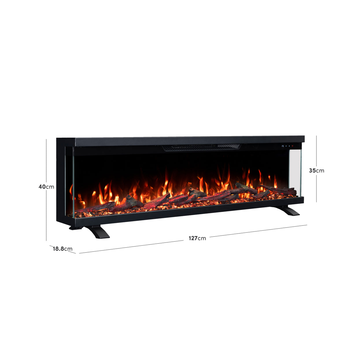 Electric fireplace on white background with dimensions indicated in centimeters.