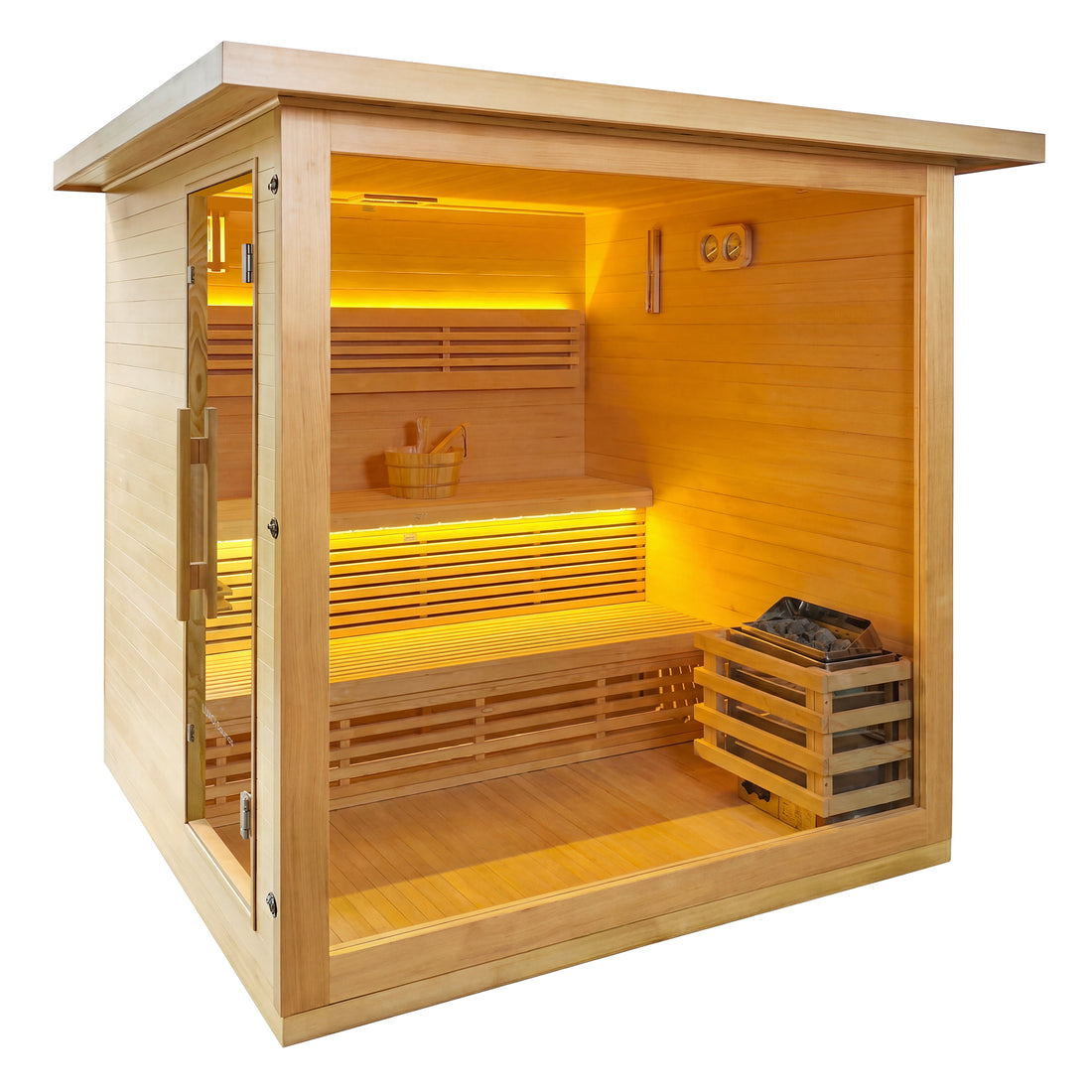 Rectangular wooden sauna with glass front on a white background