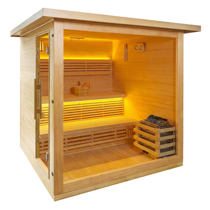 Rectangular wooden sauna with glass front on a white background