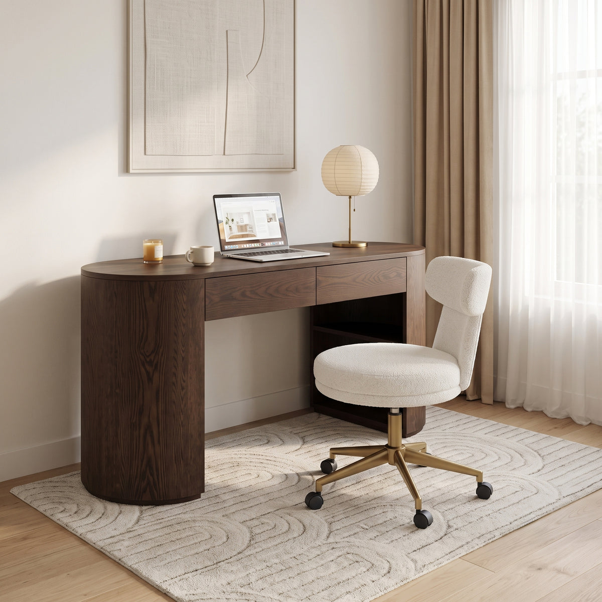 Dark wood desk and chair arranged in a styled modern home office