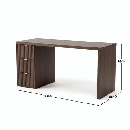 Dark wood desk on white background with dimension lines showing 160cm by 60cm by 76cm