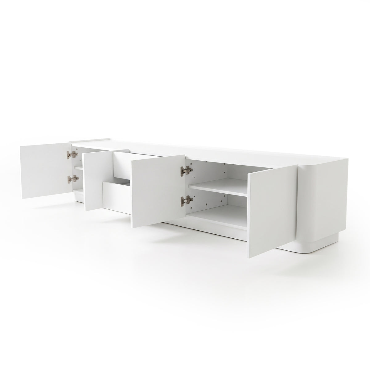 White storage unit with doors and drawers open on a white background