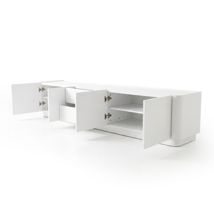 White storage unit with doors and drawers open on a white background