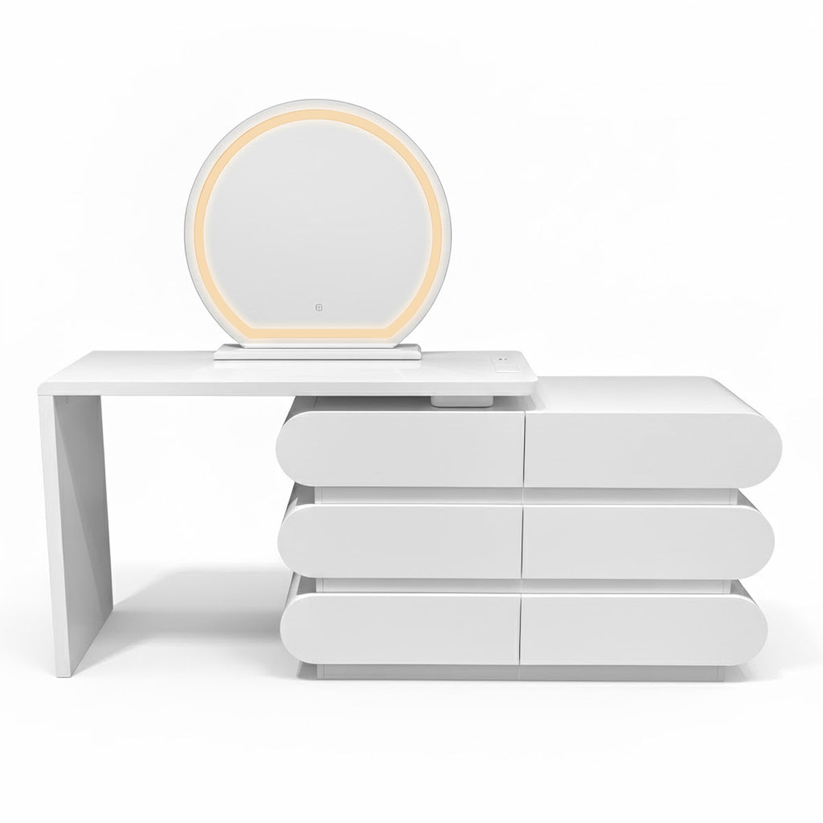 Alora LED Mirror Makeup Vanity Table with Storage features a sleek, all-white design with a circular LED mirror, six rounded-edge drawers, and an extendable desktop, creating a streamlined, minimalist look.