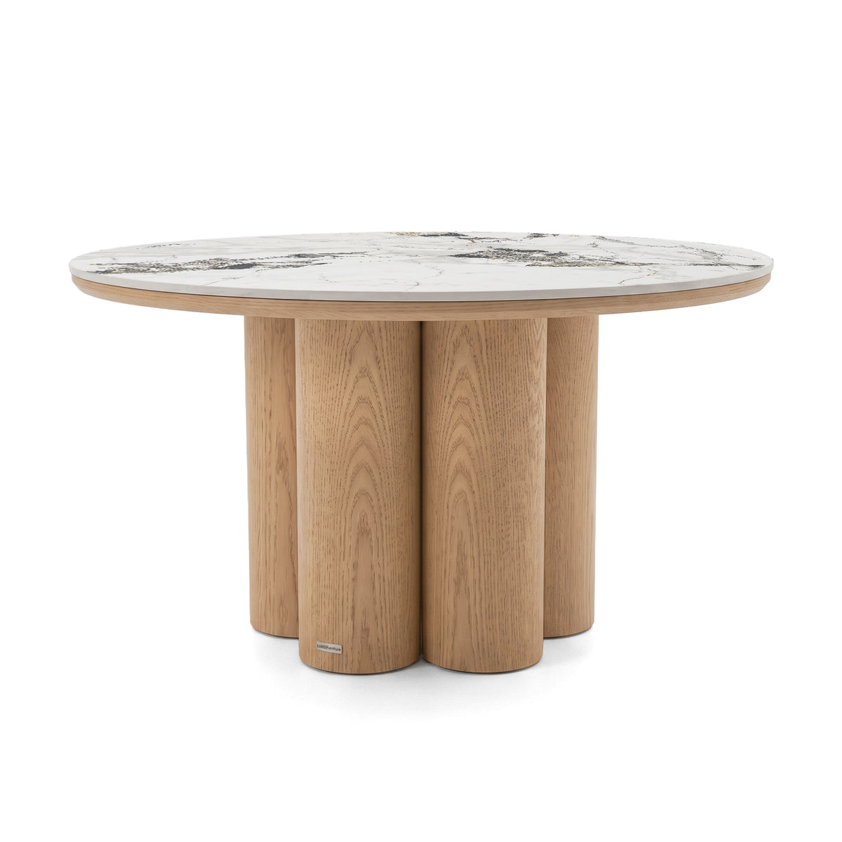 Round accent table with clustered cylindrical wooden base and marble-look top on a white background
