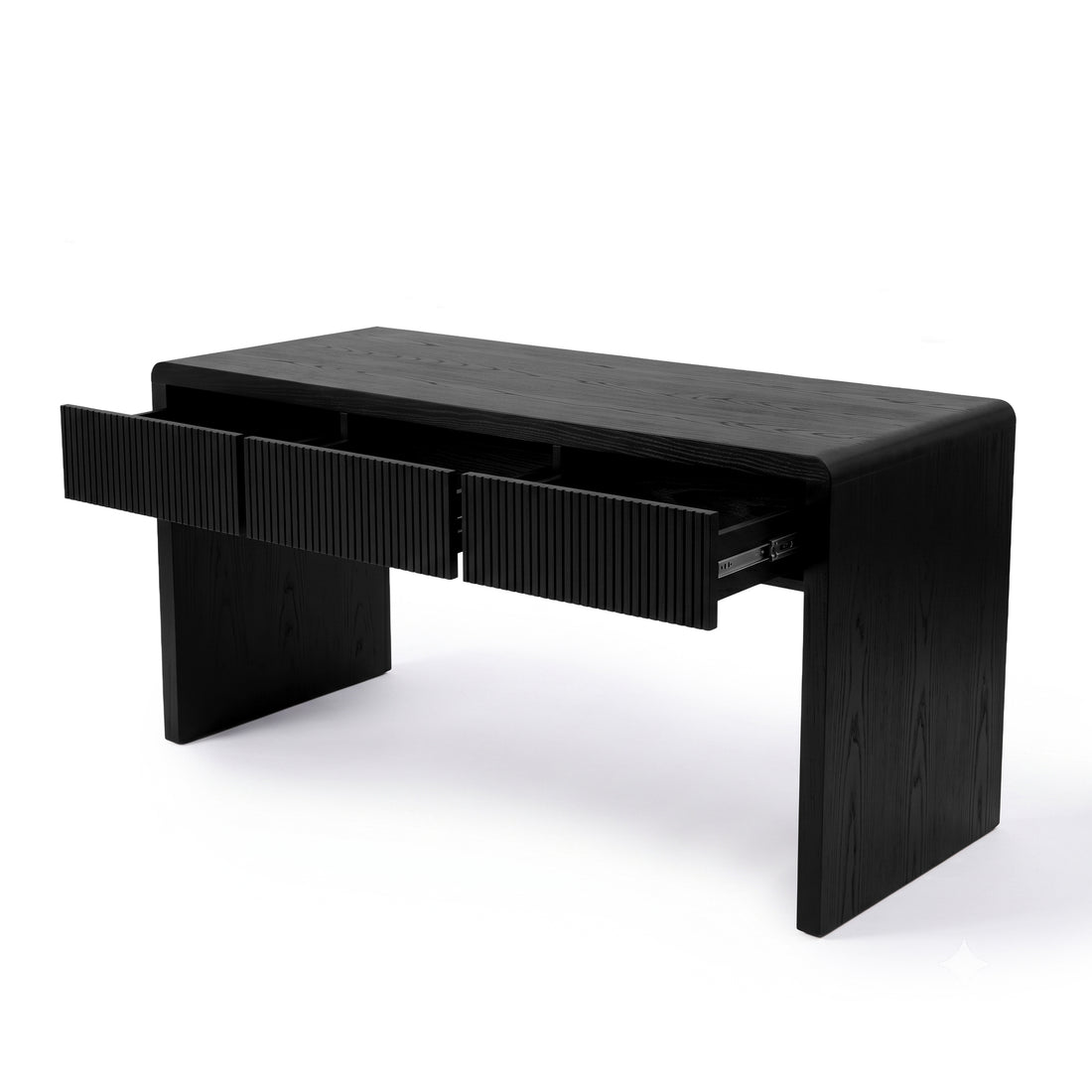 Black desk with drawers partially open on a white background