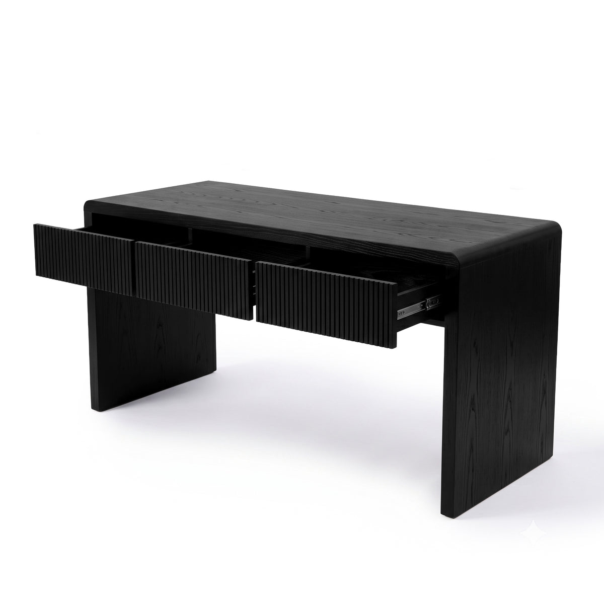 Black desk with drawers partially open on a white background