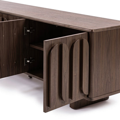 Dark wooden cabinet on a white background with open doors, partially cropped