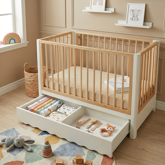 Baby crib in styled nursery with window and toys