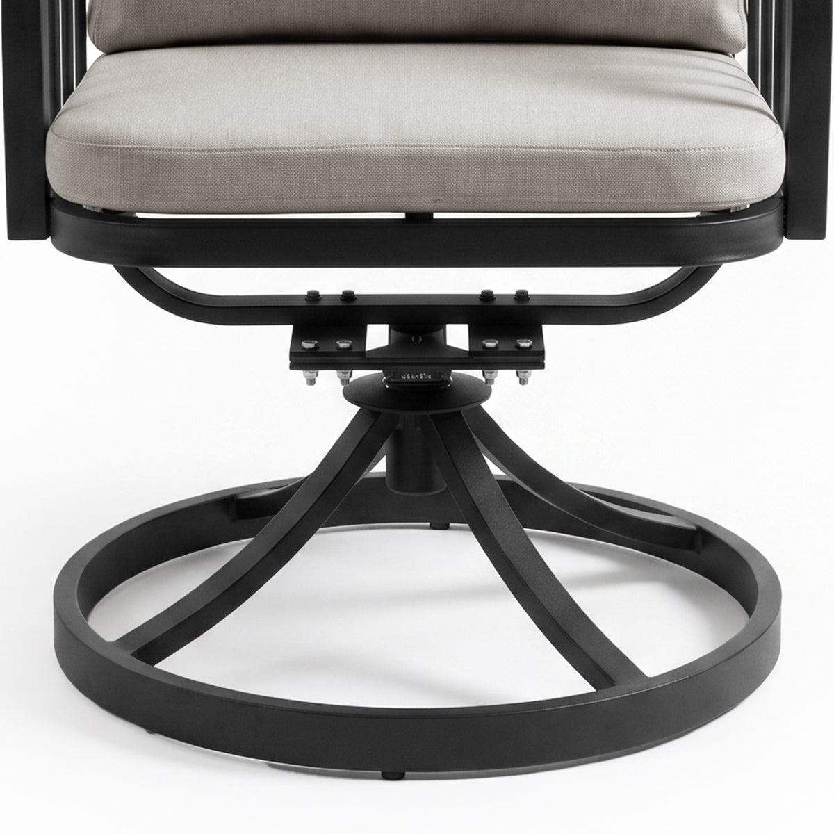 Lower portion of swivel chair with base and seat cushion on white background