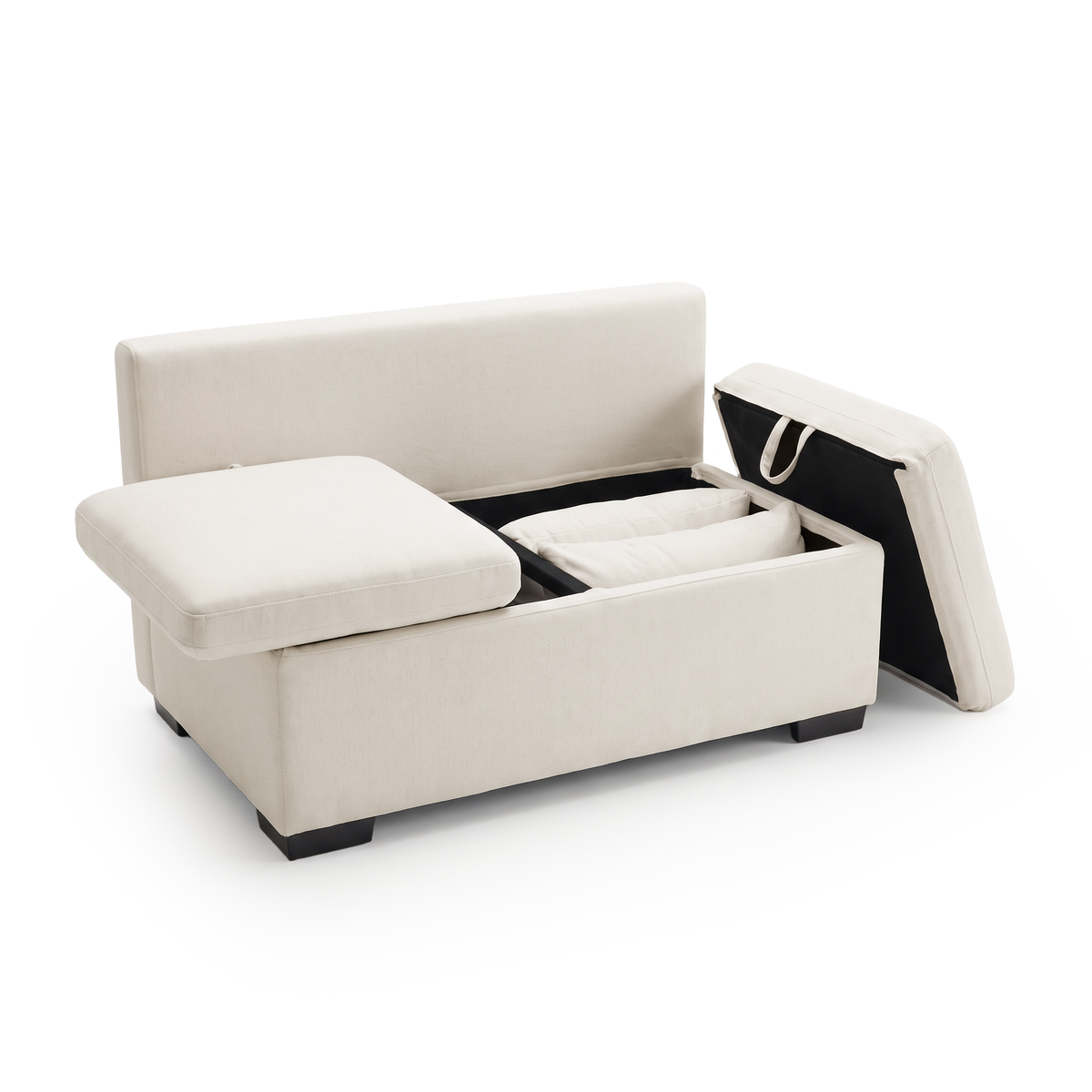 Cream convertible upholstered storage bench with compartments exposed