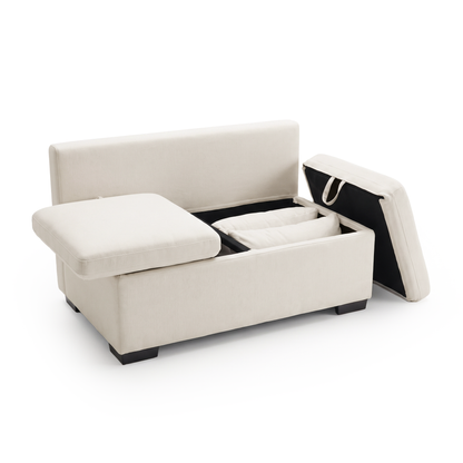 Cream convertible upholstered storage bench with compartments exposed