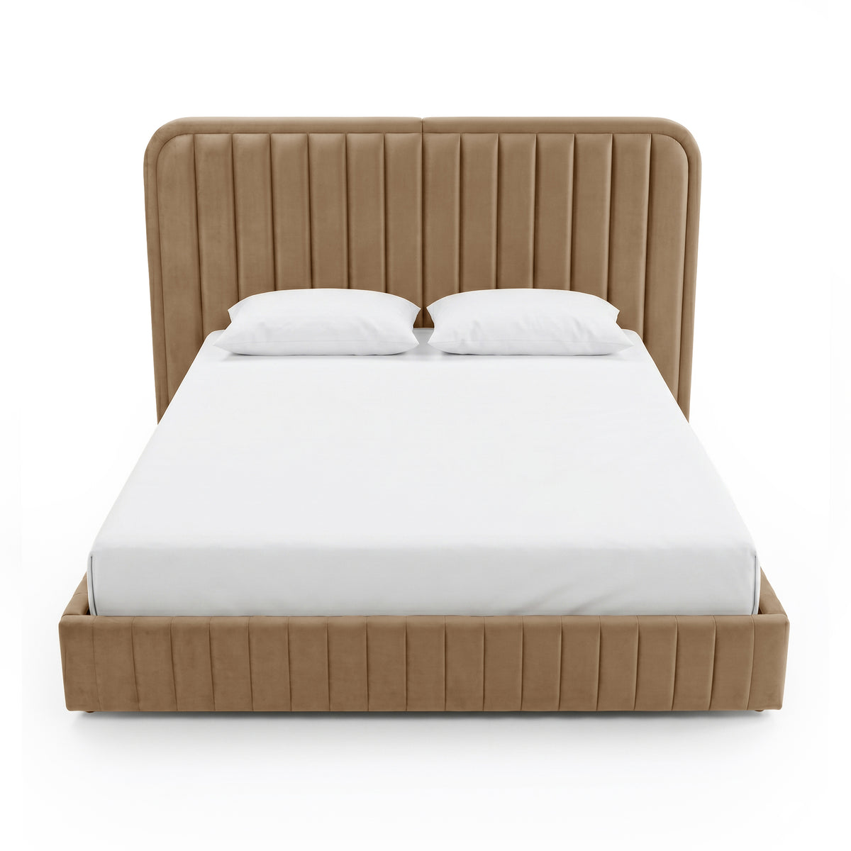 Front view of upholstered platform bed on white background