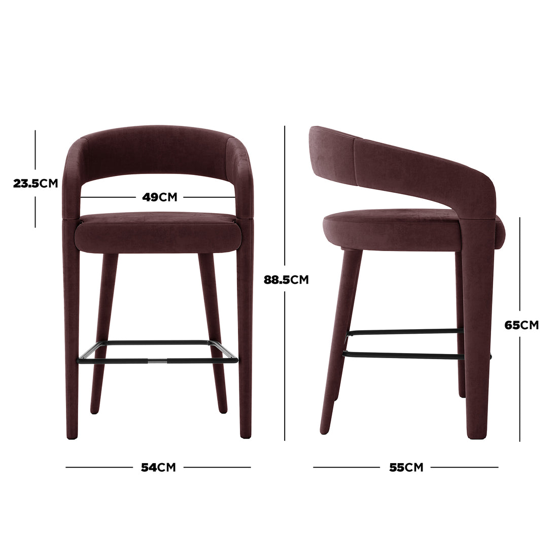 Eisha Velvet Bar Stool Set of 2 in Dark Plum, showing front and side views. Features deep burgundy velvet upholstery, curved open-back design, tapered legs, and black metal footrest with key measurements highlighted. - Dimensions