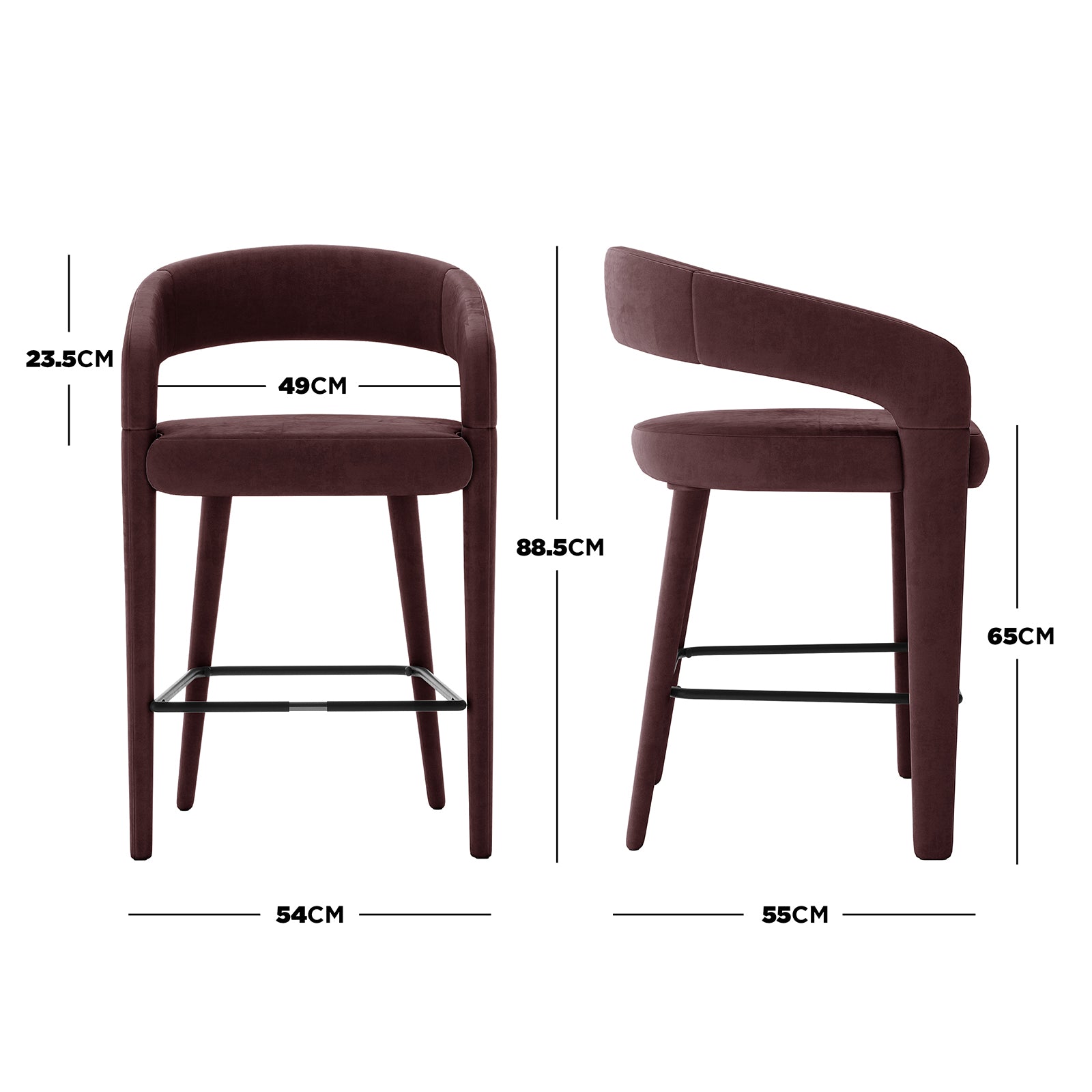 Eisha Velvet Bar Stool Set of 2 in Dark Plum, showing front and side views. Features deep burgundy velvet upholstery, curved open-back design, tapered legs, and black metal footrest with key measurements highlighted. - Dimensions