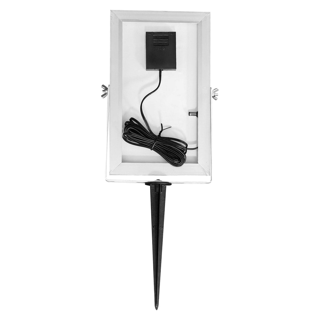 Rear view of 80cm Outdoor Solar LED Column Light shows metal housing with adjustable brackets, black battery box, coiled cable, and ground stake for installation. Ideal for cordless outdoor lighting.
