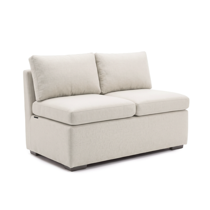 Complete cream armless loveseat viewed from the front three-quarter angle