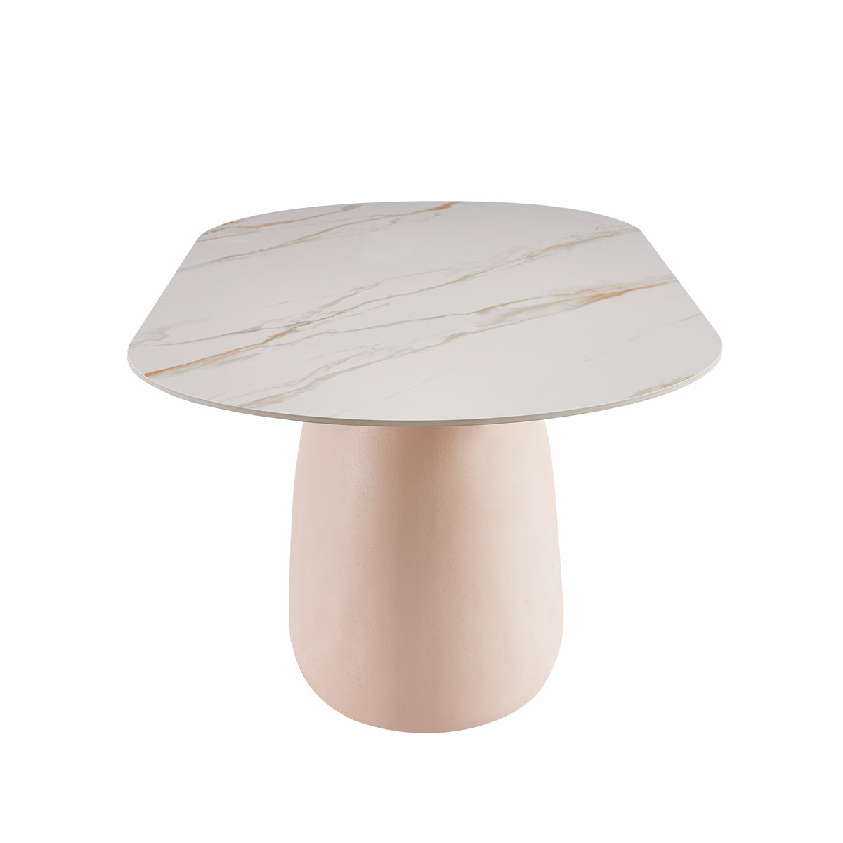 Modern table with rounded marble-effect top and soft blush pedestal base on white background