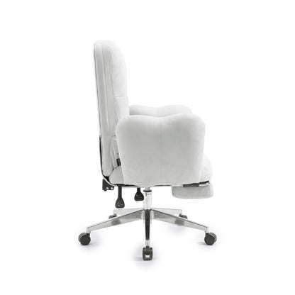Side view of a light gray office chair with cushioned back and seat on white background