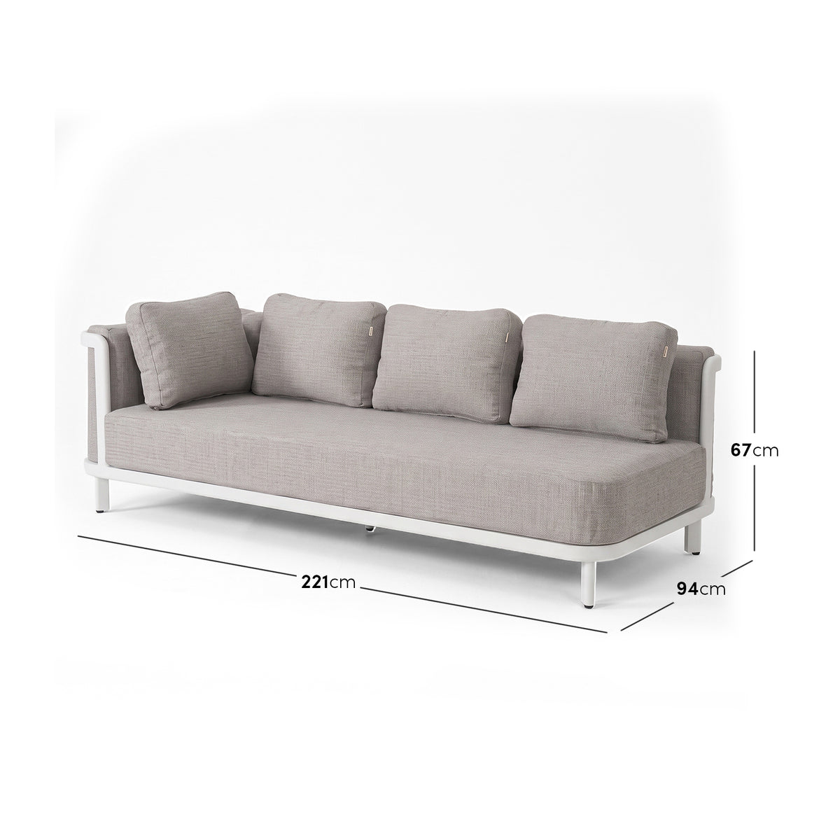 Modern light gray cushioned sofa on a white background with dimensions shown.