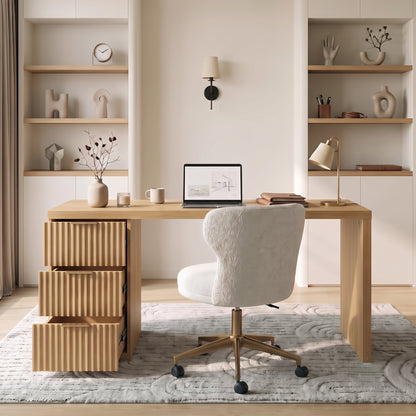 Modern wood desk in a styled home office with chair and decor