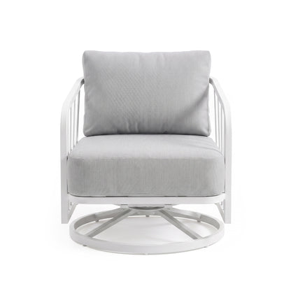 Modern accent chair with light grey cushions on a white background