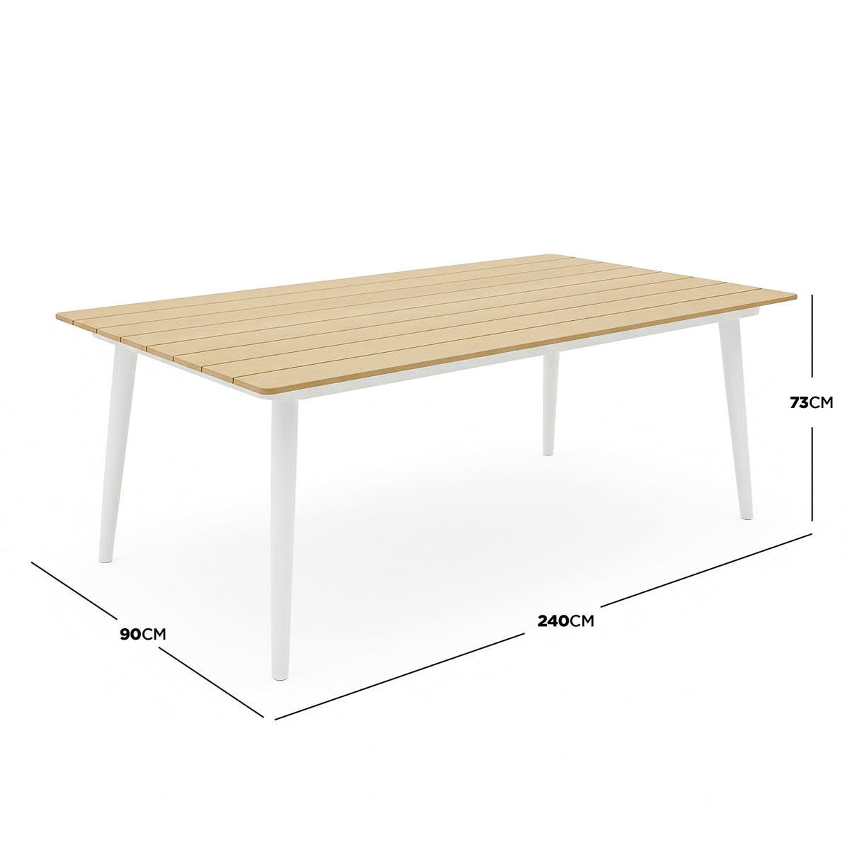 Casara 9 Piece Outdoor Dining Set in White and Grey features a slatted wood-tone tabletop with four splayed white tapered legs, perfect for alfresco dining and entertaining up to eight people.