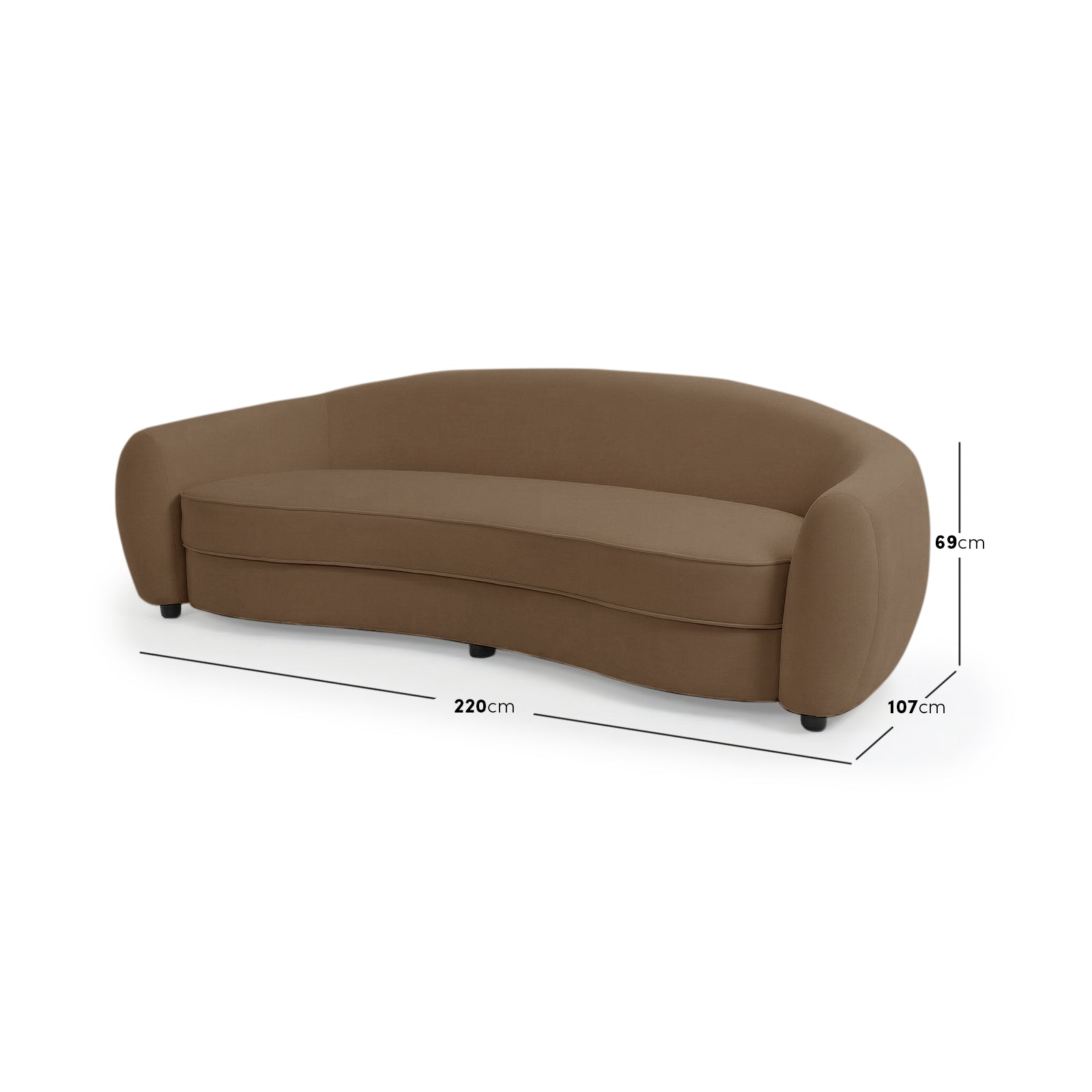 Curved brown sofa on white background with dimension lines and measurements