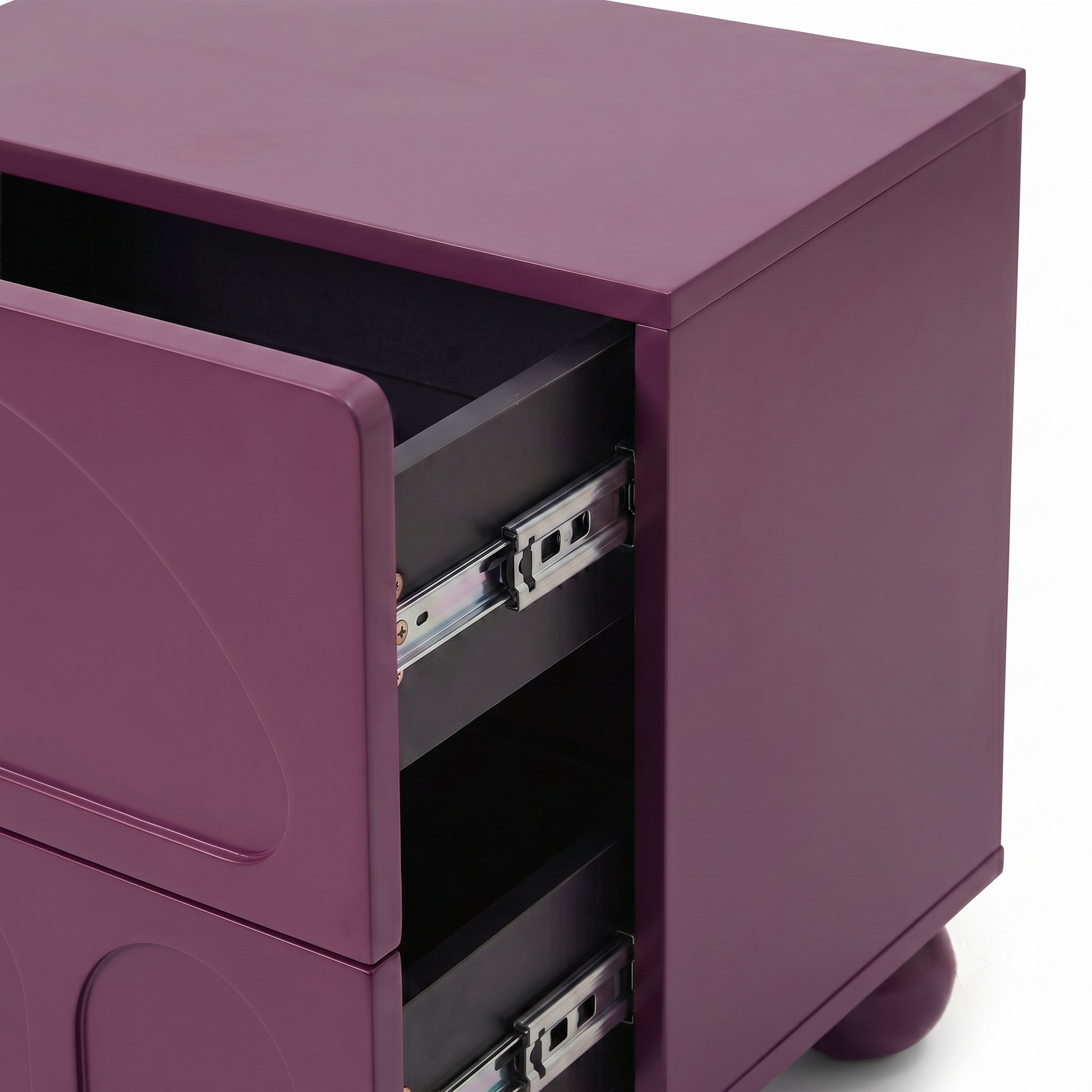 Purple two-drawer nightstand on a white background with one drawer open