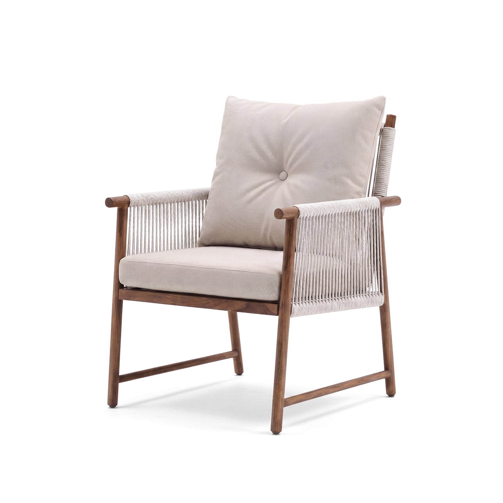 Modern armchair with rope detailing and cushioned seat on a white background