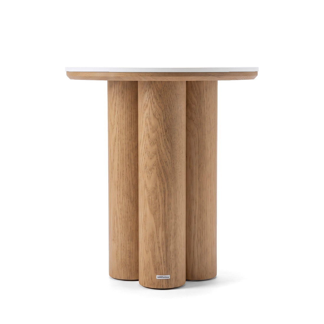Cylindrical wooden side table or pedestal with a round top on a white background