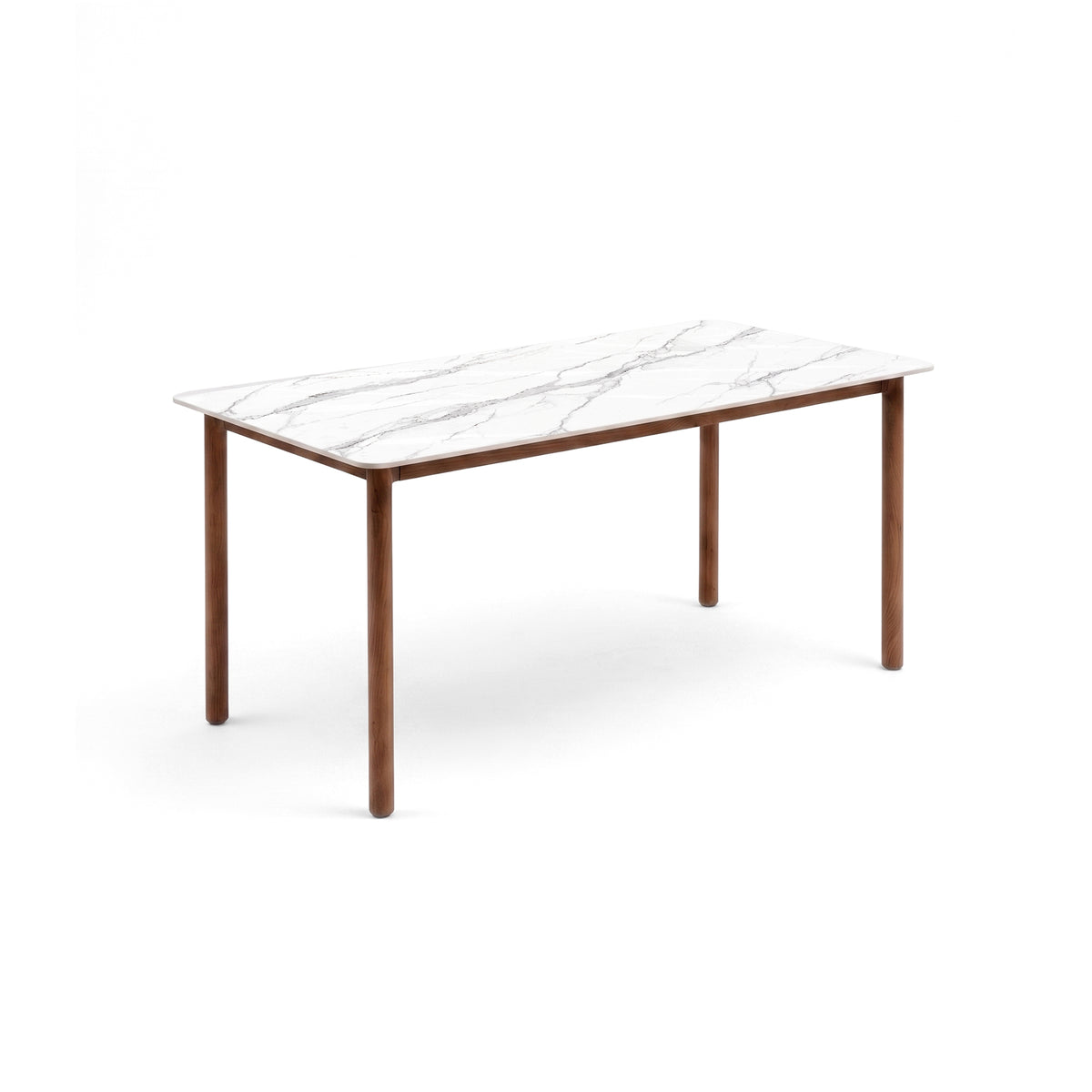 Contemporary rectangular dining table with marble-effect top and wooden legs on a white background
