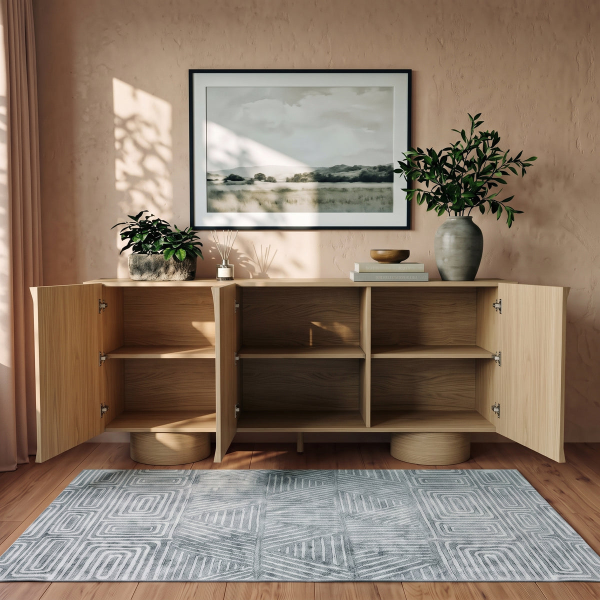 Open wooden sideboard in a decorated room with shelves visible