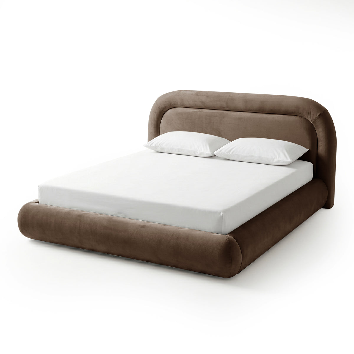 Taupe upholstered bed with curved headboard, white mattress, and pillows on a white background
