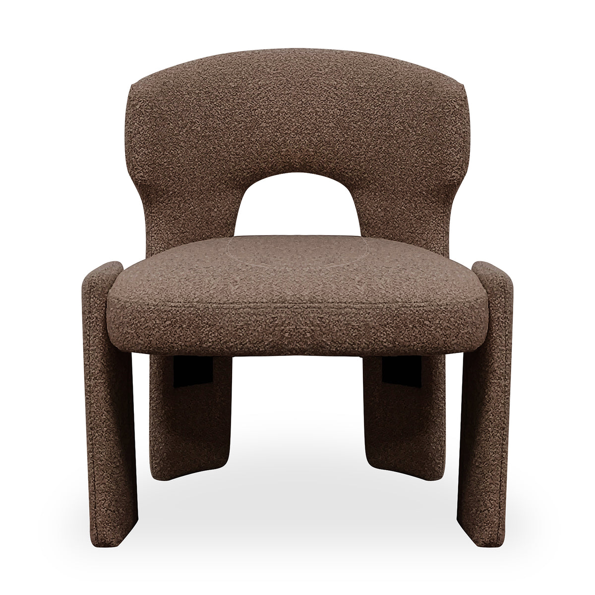 Lunari Bouclé Curved Accent Chair in Brown features a sculptural design with a curved seat, rounded backrest with a cut-out, and thick legs, exuding modern elegance and comfort.