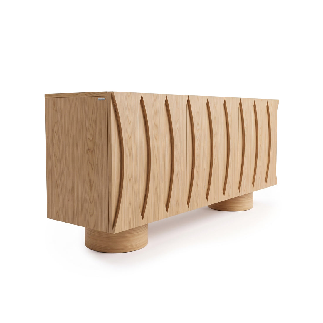 Modern wooden sideboard with carved front panels on a white background