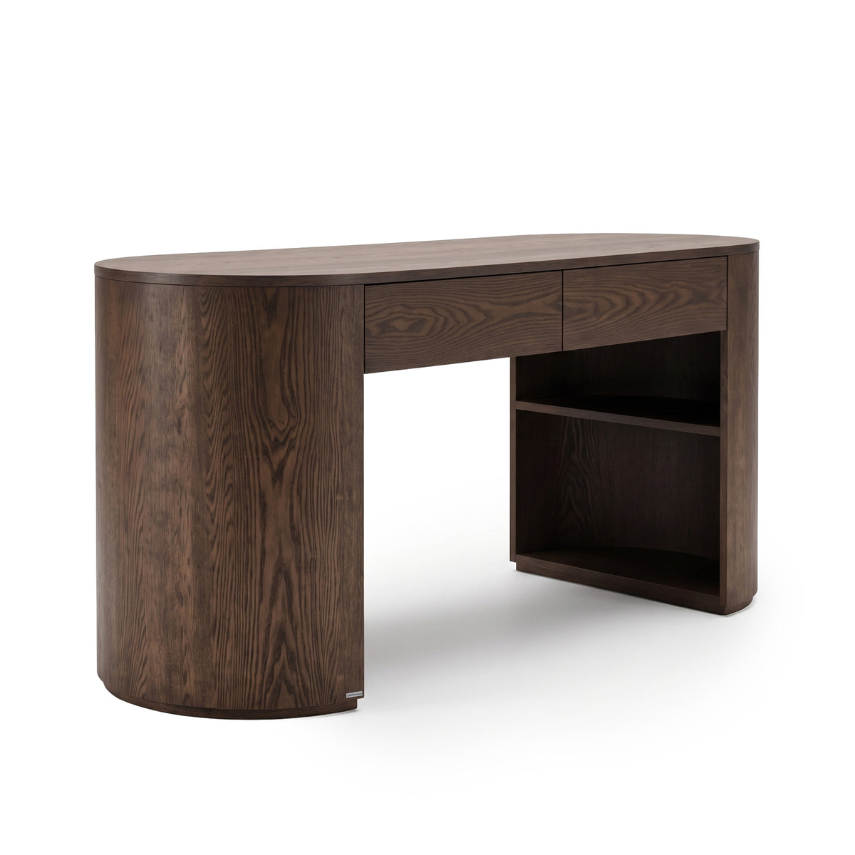 Contemporary dark wood desk with rounded edge and shelving on a white background