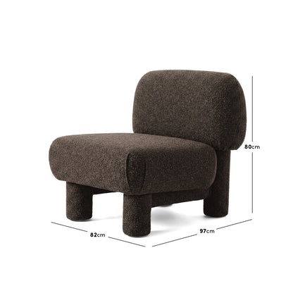 Dark brown accent chair on white background with dimension lines and measurements